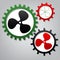 Fan sign. Vector. Three connected gears with icons at grayish ba