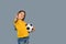 Fan sport girl player hold soccer ball celebrating