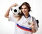 Fan sport woman player in russian uniform hold soccer ball and boots celebrating on white