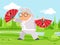 Fan wushu kungfu taichi fitness healthy activities granny adult old age woman character cartoon nature background flat