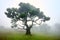 Fanal forest in the fog. Dominant tree, twisted branches, foggy forest. A place with a mysterious atmosphere.