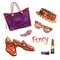 Fancy accessories set, purple tote type bag, cheetah spotted short crown hat, sunglasses, brown fullstrap loafer shoes