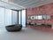 Fancy bathroom interior with red wall and black bathtub