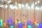 Fancy blinker light bulbs or garlands and wreath on wood table f