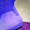 Fancy blue armchair on purple carpet