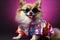 Fancy and cute gog in a disca style dress and sunglasses, festive party background