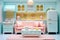 Fancy doll house, children toy, lots of glossy plastic, pastel colors, kitchen