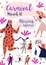 Fancy dress party vertical poster design. Carnival invitation with people celebrate in animal costume, jumpsuit. Flat