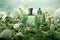 fancy glass perfume bottles in green clouds, Generative AI