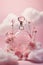 fancy glass perfume bottles in sky pink clouds, Generative AI