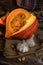 Fancy pumpkins on wooden background, autumn still life