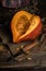 Fancy pumpkins on wooden background, autumn still life