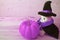 Fancy Purple Colored Pumpkin and Cute Lion Toy in Halloween Wizard Costume with Copy Space