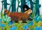 Fancy Red Panda Gentleman walking through a colorful forest