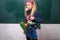 Fancy schoolgirl. School fashion. Creative teen. Fashionable girl creative student chalkboard background. Back to school