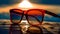 Fancy trendy modest brown color reflective lens man or woman fashionable attractive sun glasses at the beach, lost and found