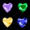 Fancy vivid lilac, emerald, yellow and blue heart shape diamond gems isolated on black background