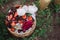 Fancy wedding fruit cake. Top view. Delicious fruit plate outdoors