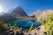 Fann mountains, Tajikistan. Amazing turquoise transparent water in lakes of Fan mountains. Scenery view on Alaudin lake in Pamir-