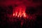 Fans burn red flares at rock concert. Cheering crowd at concert. Fire show.