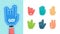 Fans fingers. Hands gestures for stylized cheering gloves victory thumbs up two one fingers garish vector flat symbols