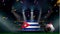 Fans hold the flag of Cuba among silhouette of crowd audience in soccer stadium with confetti to celebrate football game. Concept