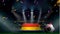 Fans hold the flag of Germany among silhouette of crowd audience in soccer stadium with confetti to celebrate football game.