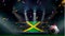 Fans hold the flag of Jamaica among silhouette of crowd audience in soccer stadium with confetti to celebrate football game.