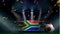 Fans hold the flag of South Africa among silhouette of crowd audience in soccer stadium with confetti to celebrate football game.