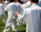 Fans of martial arts Tai Chi with white silk dress during the co