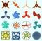 Fans and propellers technology icons isolated object. Propeller fan icons cool ventilation ship symbol retro cooler boat