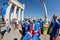 Fans of team of Iceland dressed as Vikings and clothes in colors