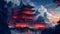 Fantaisy Chinese Temple In Sacred Mountains Wallpaper. Asian Splendor in Dark Azure and Crimson. Generative AI