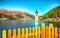 Fantasic autumn view of submerged bell tower in lake Resia