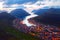 Fantastic aerial evening cityscape of Klaksvik town