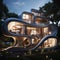 Fantastic AI-generated futuristic villa. Modern design with curved organic concrete and glass windows