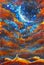 Fantastic art illustration painting. Girl and cat on an orange mountain top look at starry sky, universe, big blue planet.