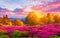 Fantastic Autumn Landscape. Amazing sunset With colorful sky in Azalea and Rhododendron Park Korma Generated by Ai