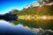 Fantastic autumn sunrise of Hintersee lake. Mirror reflection