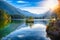 Fantastic autumn sunset of Hintersee lake