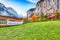 Fantastic autumn view of Lauterbrunnen village with awesome waterfall  Staubbach  and Swiss Alps in the background