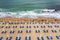 fantastic beach with, blue lounge chairs, umbrellas, and turquoise sea