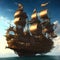 A fantastic big steampunk ship with sails. Steam engine of the Victorian era