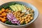 Fantastic bowl, quinoa base, roasted sweet potatoes, steamed kale, fresh avocado