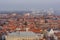 Fantastic Bruges city skyline with red tiled roofs, Heilig Hartkerk church of the Holy Heart and windmills