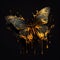 Fantastic butterfly covered with liquid gold melts and flows, isolated on a black background,