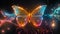 Fantastic butterfly and magical curving transparent waves with glowing stars on night dark background Sparkling neon
