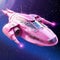 Fantastic Cartoon Pink Spaceship Flies in Outer Space.