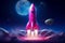 Fantastic Cartoon Pink Spaceship Flies in Outer Space.