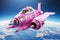 Fantastic Cartoon Pink Spaceship Flies in Outer Space.